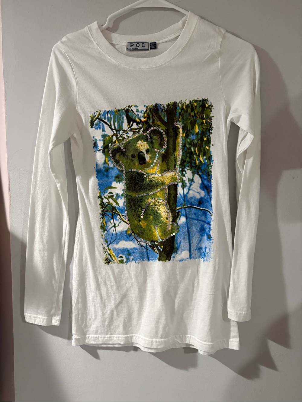 NWOT POL White Long-Sleeve Tee with Koala Sequin Graphic Size Small